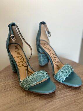 Sam Edelman Teal Braided Ankle-Strap Block Heels